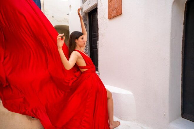 Capture Your Santorini Dream: Flying Dress Photography - Participate in a Private Photoshoot