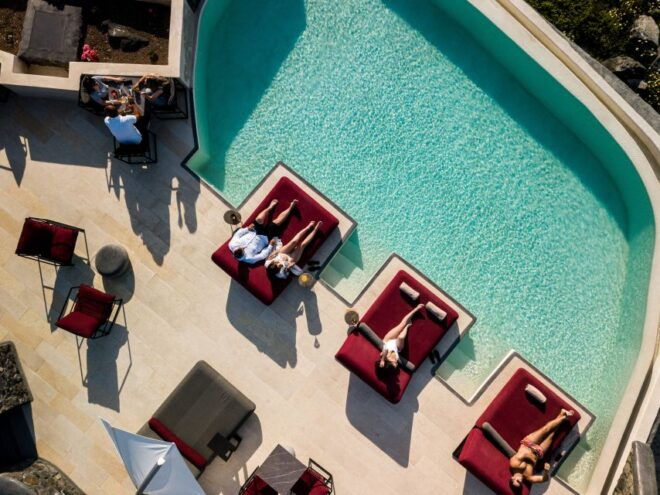 Daybed Relaxation With Infinity Pool Use With Caldera Views - Delectable Treats and Refreshing Drinks