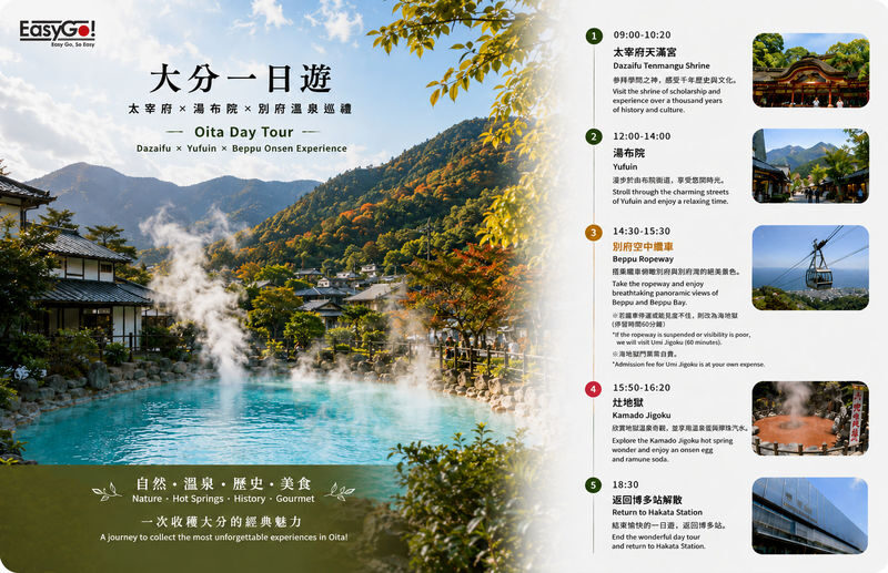 Dazaifu Tenmangu Shrine, Yufuin Town, Beppu Ropeway, Kamado Jigoku (with complimentary onsen egg and lemon soda) | Departing from Fukuoka - What the price covers, and what to plan for