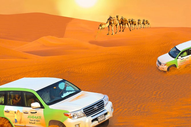 Enjoy the Dubai Fossil Rocks Desert With Sandboarding, Camel Ride,& BBQ Dinner - Unforgettable Desert Sunset