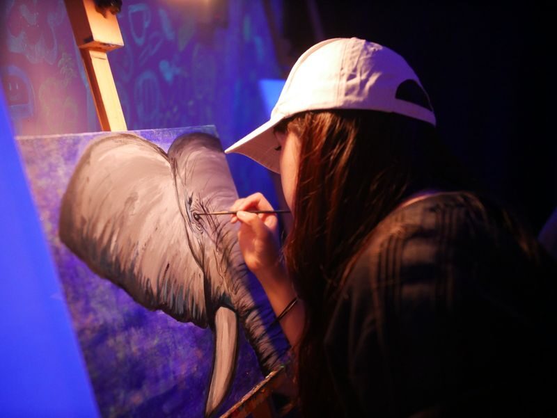 Glow in the Dark, Canvas or Tote Bag Art Jamming - The studio atmosphere, and how busy it can get