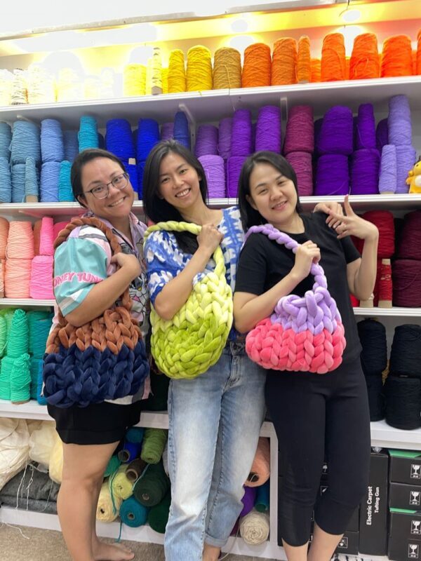 Handknit Velvet Bag Workshop in Singapore - Turning chunky velvet yarn into a usable bag
