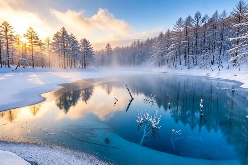 Hokkaido Classic Fun Photo-Op Day Tour: Winter-Limited Optional Snowmobile Experience + Popular Photo-Op + Magical Illumination Tour | Departing from Sapporo (Multiple itineraries available / Chinese and English service) - Blue Pond in winter light