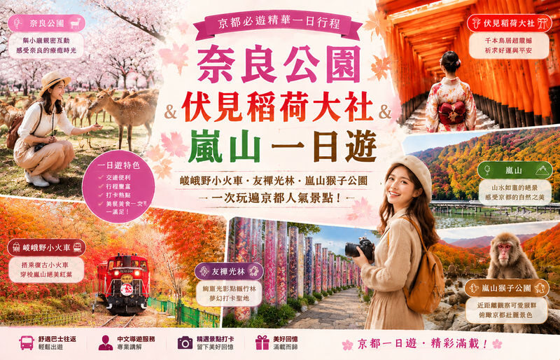 Kyoto, Arashiyama, Nara: Optional Sagano Scenic Railway, Monkey Park, Nara Deer, Fushimi Inari Shrine One-Day Tour (Departing from Osaka) - One day, three very different stops
