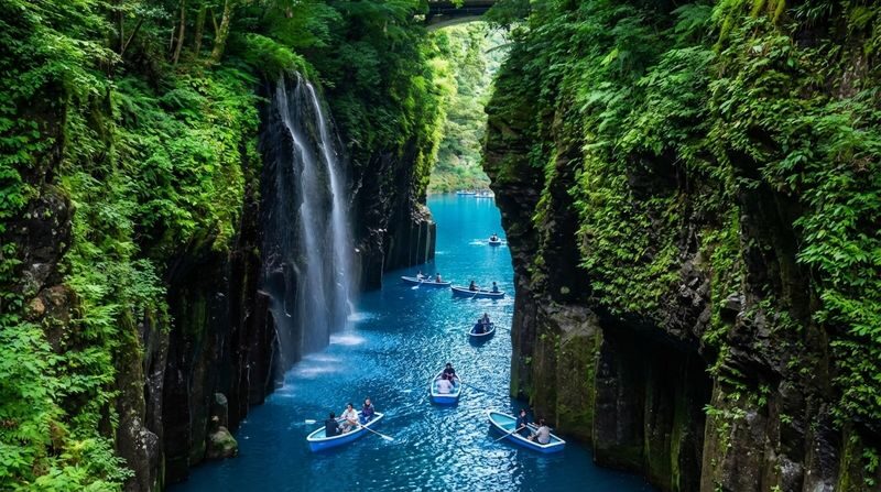 Kyushu Takachiho One-Day Tour | Takachiho Gorge Boat Ride-Kamishikimi Kumanoza Shrine/Takachiho Mini-Train-Mount Aso-Kusasenri (Departing from Kumamoto) - Takachiho Gorge: cliffs, cool water and a short walk