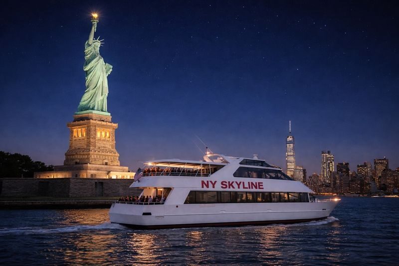 Manhattan Skyline and Statue of Liberty Night Cruise in New York - From South Street beneath the Brooklyn Bridge