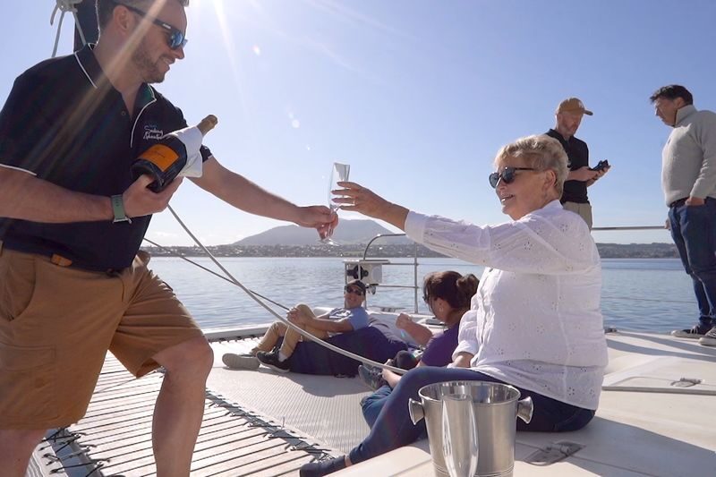 Maori Rock Carvings Taupo - Luxury Sailing Catamaran Tiua - Sailing out from Taupo Marina
