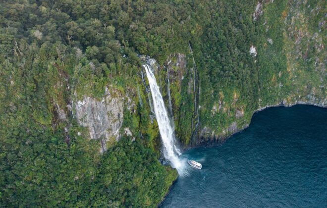 Milford Sound: Cruise and Underwater Observatory - Standing Under Stirling Falls