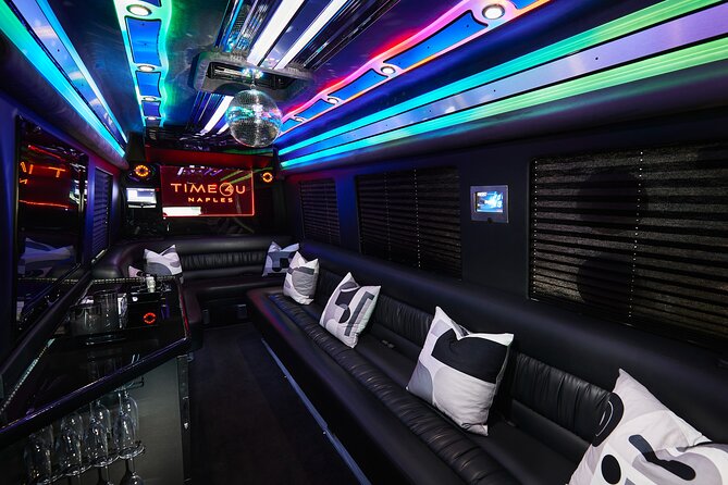 Party Bus Excursion Disco Ball, Limo Seating, Bar, & LED Lights - Unique Features of the Party Bus