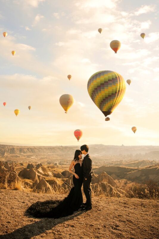 Professional photoshoot with flying dress in Cappadocia - The balloon backdrop is the bonus, not a guarantee