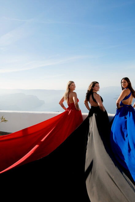 Santorini: Flying Dress Photoshoot With Caldera Backdrop - Dress Options Available