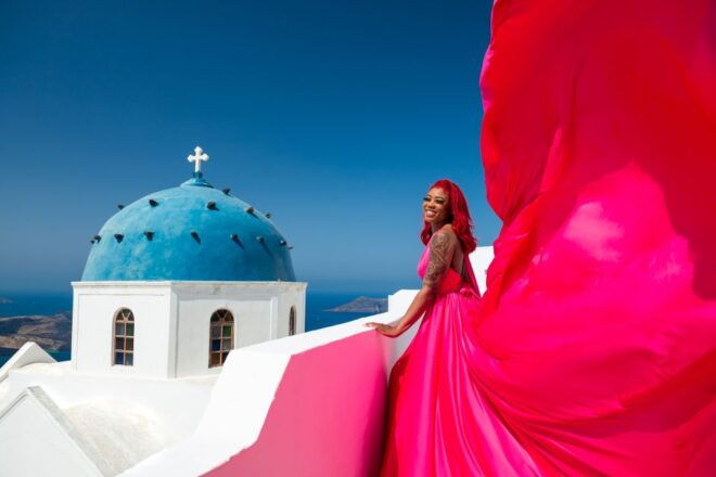 Santorini: Proffessional Flying Dress Photoshoot - Full Description
