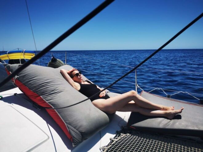 Santorini:Catamaran: Private Cruise With Food & Drinks - Full Description