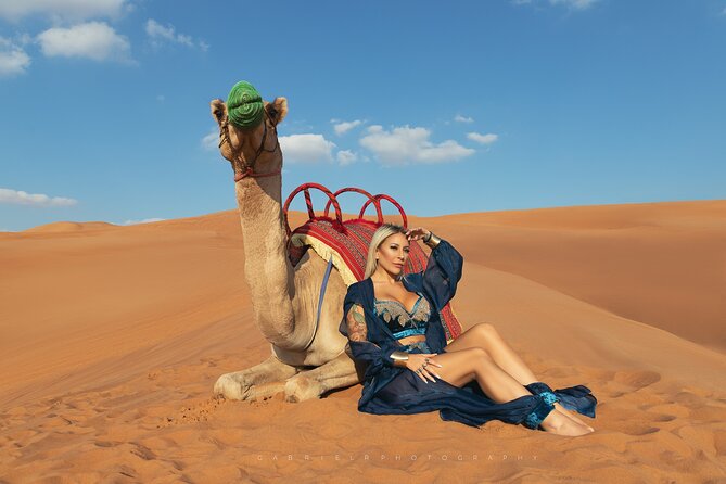 VIP Dubai Desert Safari Camel Ride, Sand Ski, Live BBQ Dinner - Henna Ink at Quid Bike Tattoo Station